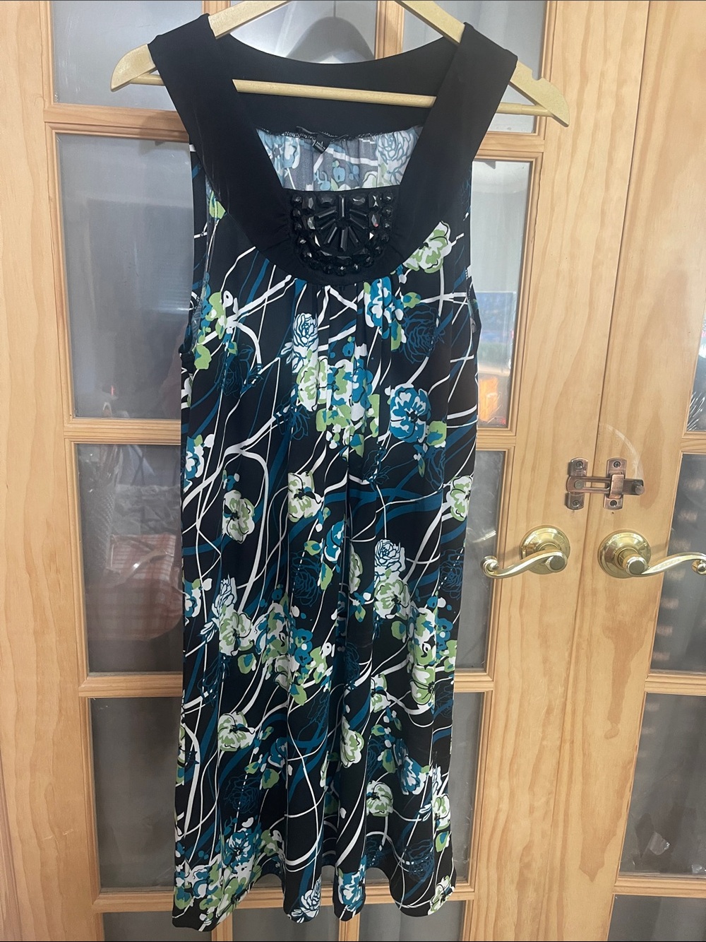 138. Notations Black Maxi Dress with Blue & Green Floral Print